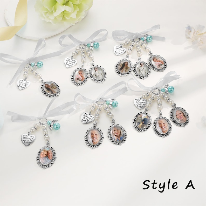 Custom Bridal Bouquet Charm, Personalized Memorial Photo Pin for Bride or Groom, Wedding Remembrance Gift Style A