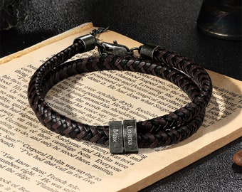 Bracelet personnalisé pour hommes en cuir, bracelet petit ami, bracelet personnalisé pour hommes avec 2-5 noms, bijoux gravés pour hommes, cadeau de Noël pour lui
