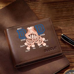 Dad Fist Bump Leather Wallet, Custom Engraved Photo Wallet, Personalized Mens Wallet with Kids Names, Daddy To Be Gift, Father's Day Gift