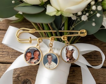 Benutzerdefinierte Foto Blumenstrauß Charme, Hochzeit Gedenken Boutonniere Pin, personalisierte Bräutigam Revers Brosche Geschenk, Hochzeitsandenken