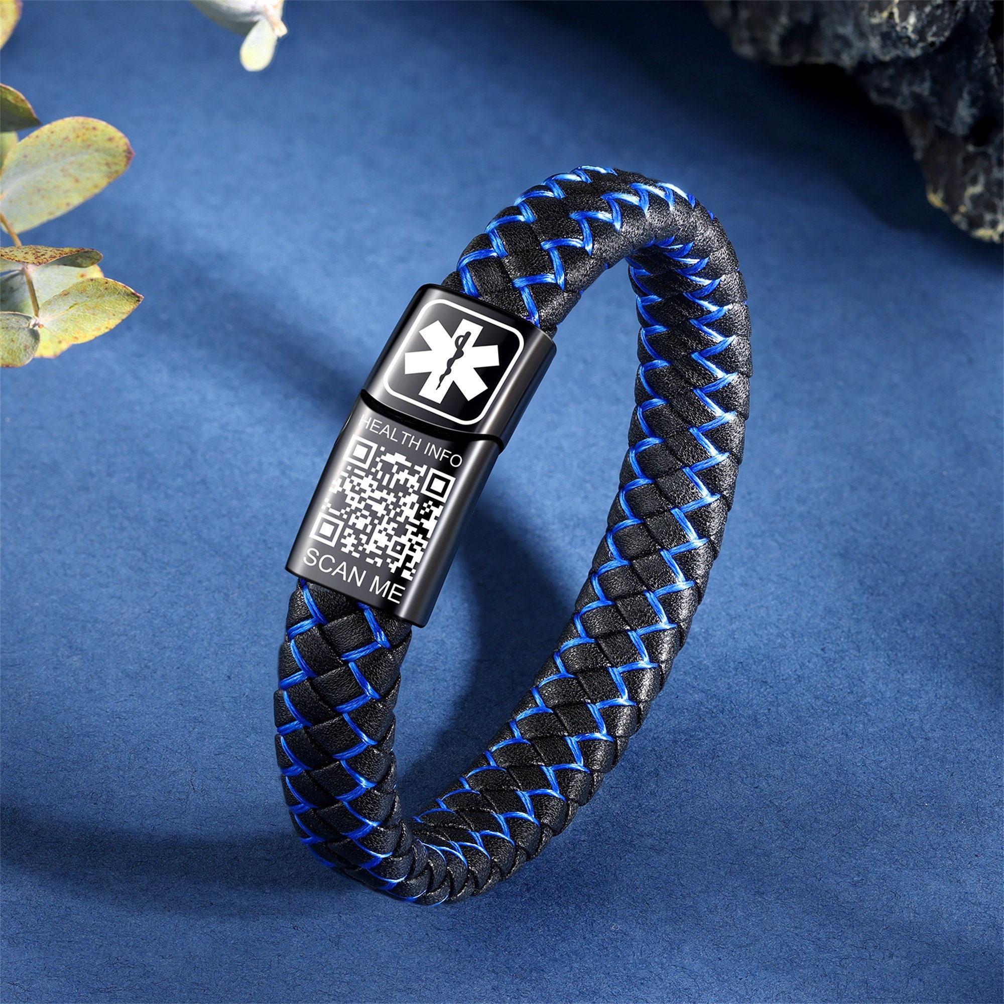 Vivaday Bracciale di Allerta Medica, braccialetti impermeabili per diabete di tipo 1, bracciale cubano in acciaio inossidabile fatto a mano, gioielli d'emergenza per uomini e donne, 7.5+2