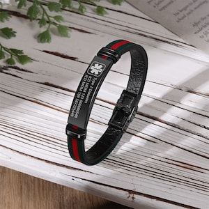 Leather Medical Alert Bracelet for Men, Personalized Medical ICE Bracelet, Mens Medical ID Engraved Bracelet, Emergency Bracelet