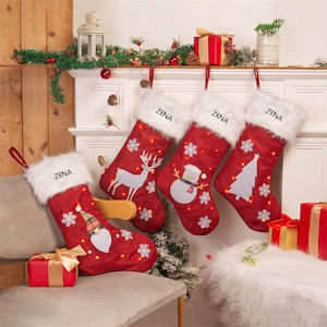 Personalised Embroidered Christmas Stocking,Red Santa Reindeer Snowman Stocking,Custom Family Christmas Stockings,Holiday Stocking Gift