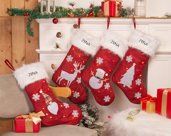 Personalised Embroidered Christmas Stocking,Red Santa Reindeer Snowman Stocking,Custom Family Christmas Stockings,Holiday Stocking Gift