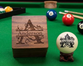 Personalisierte Billardkugel mit Holzbox, gravierte Spielkugel, Billardkugel mit individuellem Logo, Geschenk für Billardspieler, Weihnachtsgeschenk für den Ehemann