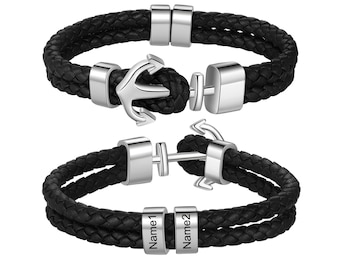 Personalised Leather Bracelet for Men, Silver Black Anchor Bracelet, Custom Name Bead Bracelet, Gift for dad
