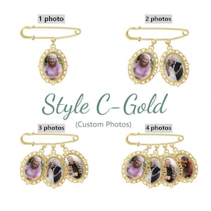 May include: Gold-toned safety pins featuring ornate oval frames for custom photos. The display shows four variations labeled 1 photo, 2 photos, 3 photos, and 4 photos, with the text Style C-Gold (Custom Photos) centered in the middle of the image.