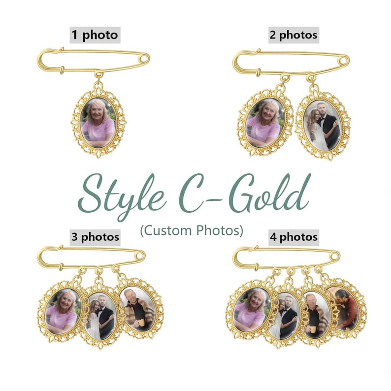 May include: Gold-toned safety pins featuring ornate oval frames for custom photos. The display shows four variations labeled 1 photo, 2 photos, 3 photos, and 4 photos, with the text Style C-Gold (Custom Photos) centered in the middle of the image.