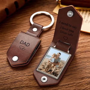 Personalized Leather Keychain for Men,Custom Metal Tag Photo Keychain,Engraved Keyring,Father's Day Anniversary Gift for Husband