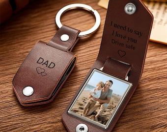 Personalized Leather Keychain for Men,Custom Metal Tag Photo Keychain,Engraved Keyring,Father's Day Anniversary Gift for Husband