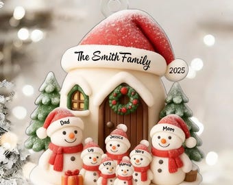 Ornement De Noël Personnalisé - Famille Bonhomme De Neige Avec Voiture 6338okl5i