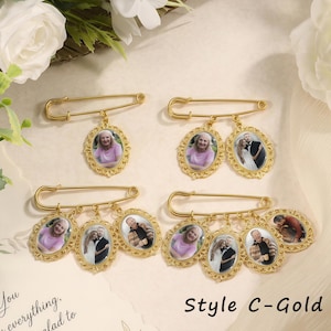 May include: Four gold-toned safety pins, each featuring one or more oval-shaped photo charms with ornate filigree borders. The charms display various portraits of individuals and couples. The text Style C-Gold is visible in the bottom right corner.