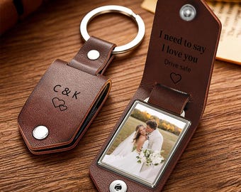 Personalized Leather Keychain for Men,Custom Metal Tag Photo Keychain,Engraved Keyring,Father's Day Anniversary Gift for Husband