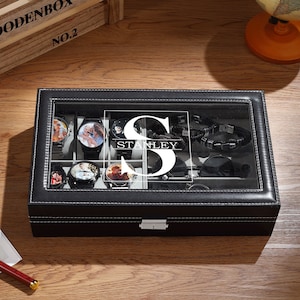 Op maat gegraveerde horlogedoos voor heren, gepersonaliseerde zwarte PU-lederen horlogedoos, opbergdoos sieraden voor Vaderdag, jubileumcadeaus voor echtgenoot