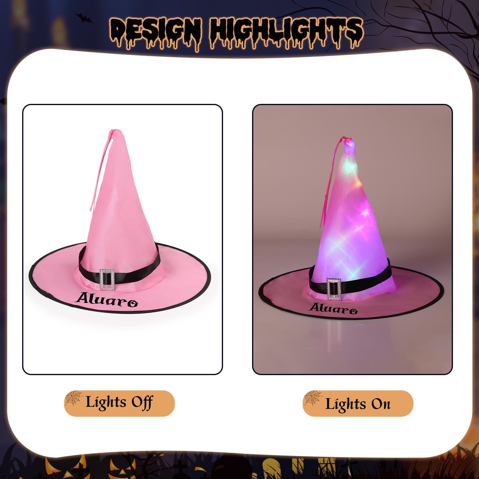 Personalized Halloween Lighted Witch Hat,Custom Name Halloween Party Hat,Glowing Witch Hats,Halloween Light Decoration Outdoor, Witchy Party