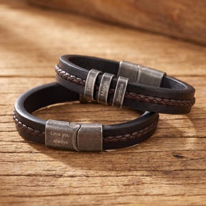 Personligt flätat läderarmband för män, anpassat pappaarmband med barnnamn, armband för efternamn, julklapp till fars dag till maken