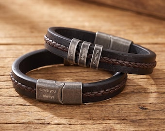 Bracelet en cuir tressé personnalisé pour homme, bracelet papa personnalisé avec le nom des enfants, bracelet avec nom de famille, cadeau de Noël ou de fête des pères pour un mari