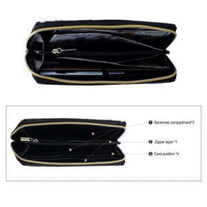 Puede incluir: Cartera negra con cremallera y herrajes dorados. La cartera est&aacute; abierta y muestra cuatro ranuras para tarjetas, un compartimento con cremallera y un compartimento m&aacute;s grande para billetes. La cartera est&aacute; hecha de un material texturizado.