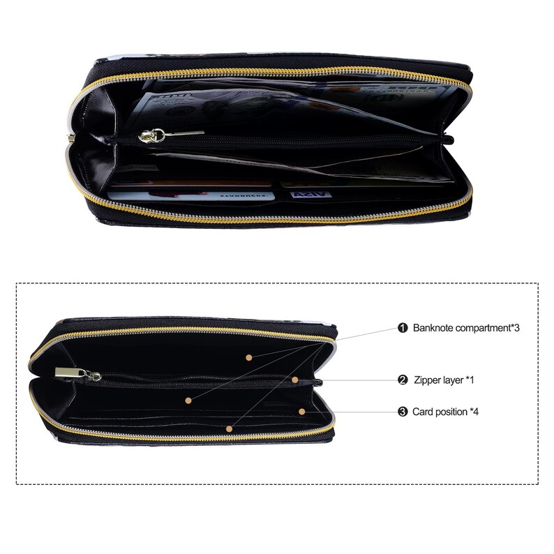 Puede incluir: Cartera negra con cremallera y herrajes dorados. La cartera est&aacute; abierta y muestra cuatro ranuras para tarjetas, un compartimento con cremallera y un compartimento m&aacute;s grande para billetes. La cartera est&aacute; hecha de un material texturizado.