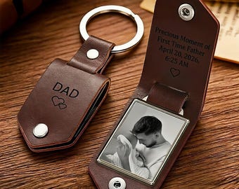 Personalized Leather Keychain for Men,Custom Metal Tag Photo Keychain,Engraved Keyring,Father's Day Anniversary Gift for Husband