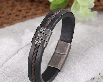 Personalized Kid's Names Beads for Dad,Custom Men's Leather Bracelet,Family Name Bracelet,Mens Leather Jewelry,Father's Day Gift for Husband