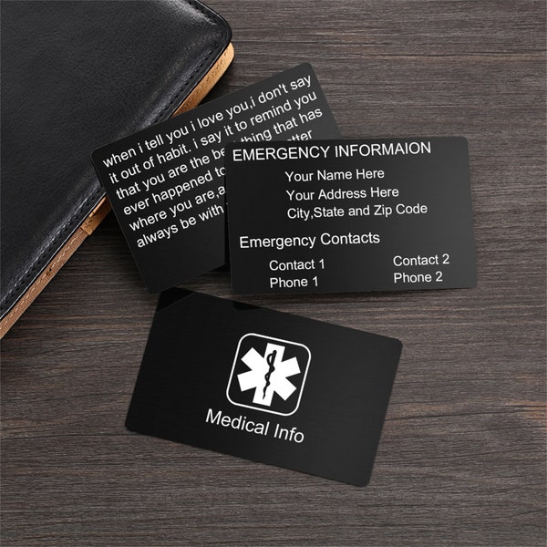 Stainless Steel Medical Alert Card, Custom Engraved Emergency contact Card Insert Medical ID, Personailzed Medic Alert Wallet Card