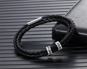 Personalized Leather Bracelet, Custom Beaded Bracelet with Kids names, Names Beaded Bracelet, Gift for Hunsband
