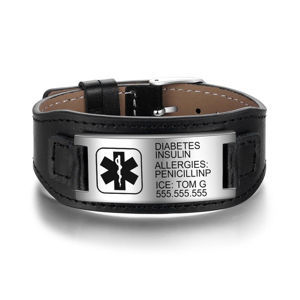 Bracelets d'alerte médicale réglables, bracelet médical en acier inoxydable, bracelet de santé personnalisé avec nom gravé pour homme