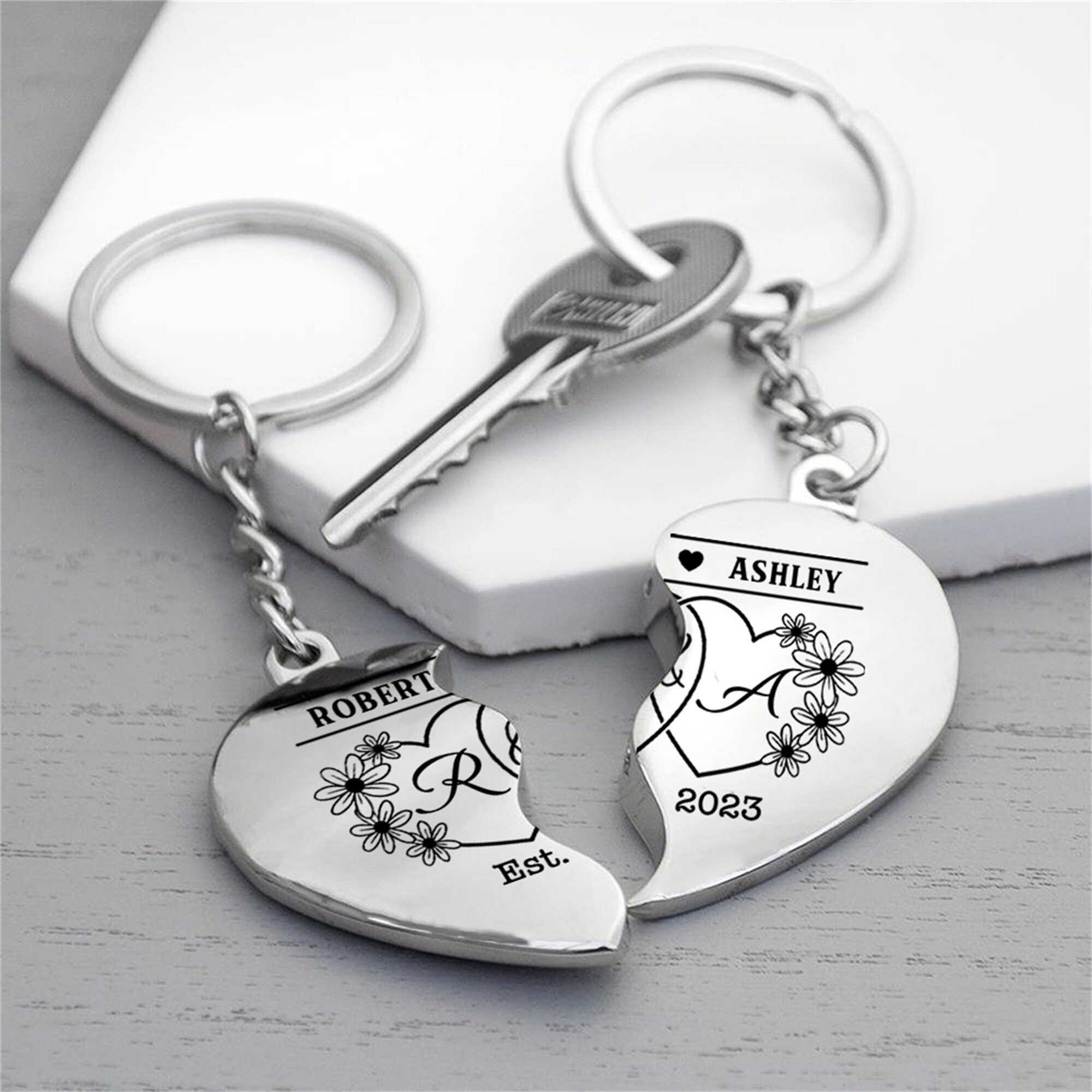 Set of 2 Custom Heart Puzzle Keychain, Matching Couple Keychain