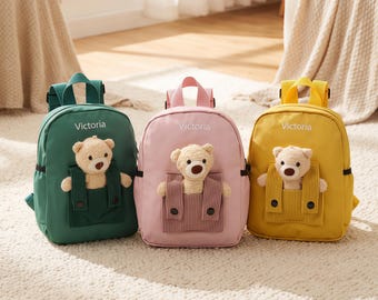 Rugzak voor peuters met eigen naam, rugzak met teddybeer, schooltas voor meisjes en jongens, gepersonaliseerde boekentas voor kleuters, eerste schoolcadeau