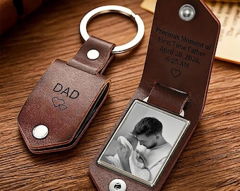 Personalized Leather Keychain for Men,Custom Metal Tag Photo Keychain,Engraved Keyring,Father's Day Anniversary Gift for Husband