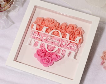 Personalized Flower Heart Shadow Box for Mom,Roses Shadowbox with Names,Custom Frame Gift for Mother's Day,Gift for Mom and Grandma Nana