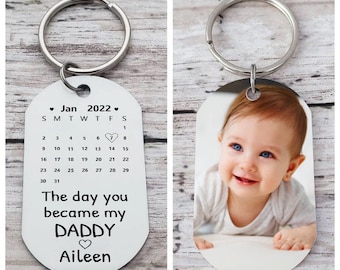 Personalized Photo Keychain,The Day you become my daddy,Date Keychain,Custom Double Sided Picture Keychain,Fathers Day gift,Papa Gifts