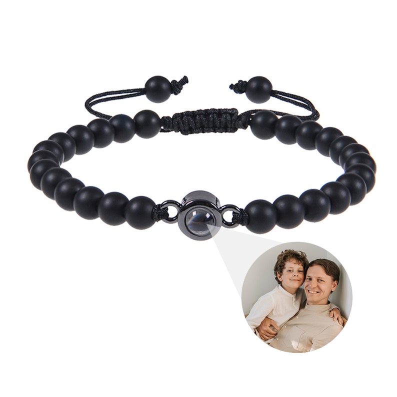 Lava Stone Mens Photo Bracelet, Photo Projection Bracelets for Women, Photo Bead bracelet, Beaded Bracelet with Picture inside for Husband image 1