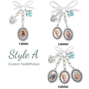 May include: A collection of three memorial ornaments labeled Style A, featuring white ribbon bows, pearl beads, silver-toned heart charms engraved with the text you are always in my heart, and oval photo frames with one, two, or three portraits.