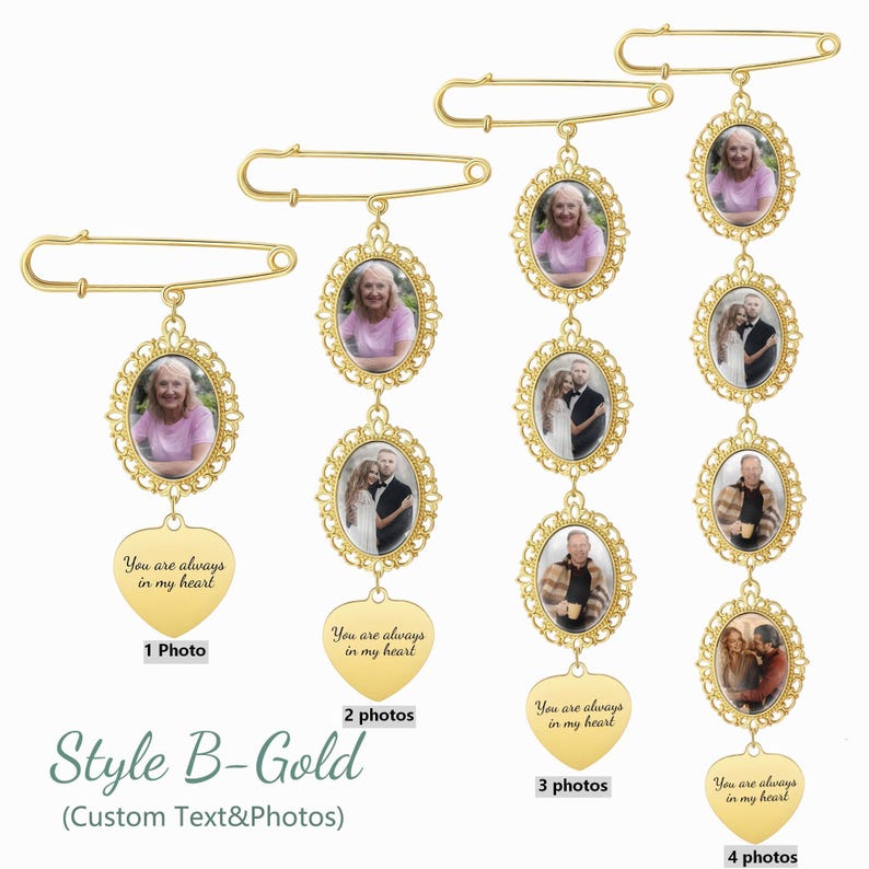 May include: Four gold-toned safety pins featuring oval filigree frames for photographs. Each pin includes a heart-shaped charm engraved with the text 'You are always in my heart'. The pins display one, two, three, or four oval photo frames respectively.