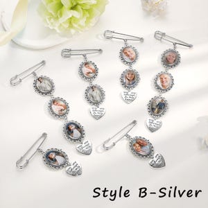 Custom Bridal Bouquet Charm, Personalized Memorial Photo Pin for Bride or Groom, Wedding Remembrance Gift Style B-Silver