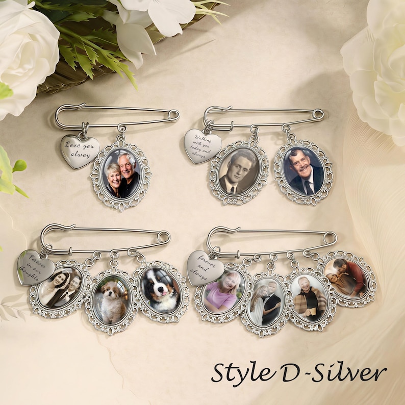 Custom Bridal Bouquet Charm, Personalized Memorial Photo Pin for Bride or Groom, Wedding Remembrance Gift Style D-Silver