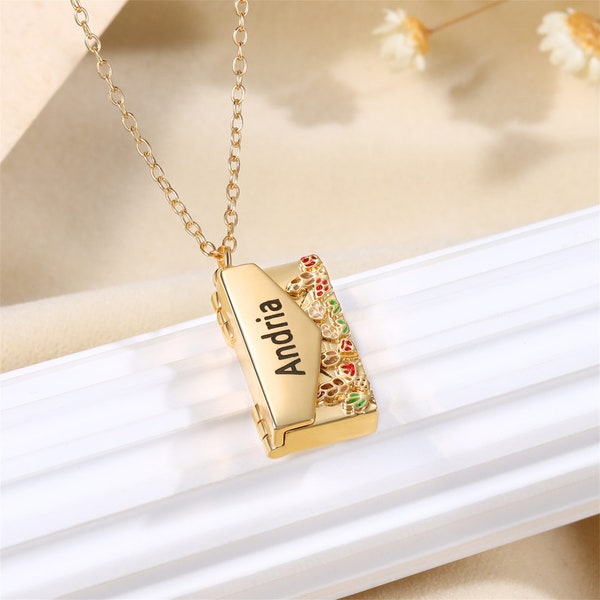 Personalised Envelope Locket,Custom Engraved Name Necklace,Gold Mail Envelope Letter Necklace,Love Letter Jewelry,Gift for Her