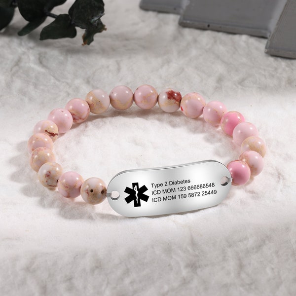 Personalised Medical ID Bracelet for Women,Custom Engraved Medical ID Beaded Bracelet,Medical Allergy Bracelet,Medical Alert ID Jewelry