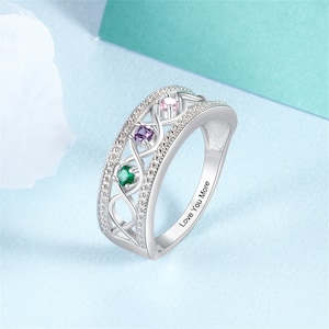 Personalized Rings for Her, Promise Ring with 3 Birthstones, Custom Family Ring for Women Wife Gift