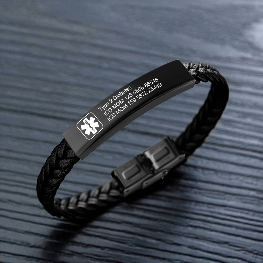 Leather Medical Alert Bracelet for Men, Personalized Medical ICE