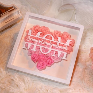 Personalized Flower Heart Shadow Box for Mom,Roses Shadowbox with Names,Custom Frame Gift for Mother's Day,Gift for Mom and Grandma Nana Pink