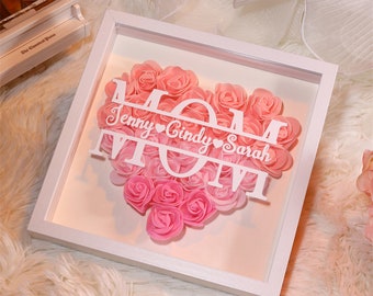 Personalized Flower Heart Shadow Box for Mom,Roses Shadowbox with Names,Custom Frame Gift for Mother's Day,Gift for Mom and Grandma Nana