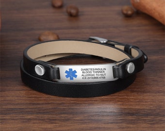 Adjustable Medical Alert Bracelet for Men, Stainless Steel & Leather Medical Bracelet, Custom Health Bracelet with Medical Information