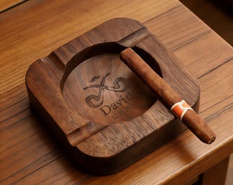 Cenicero de madera de nogal personalizado, grabado con 4 ranuras para puros, regalo personalizado para amantes de los puros.