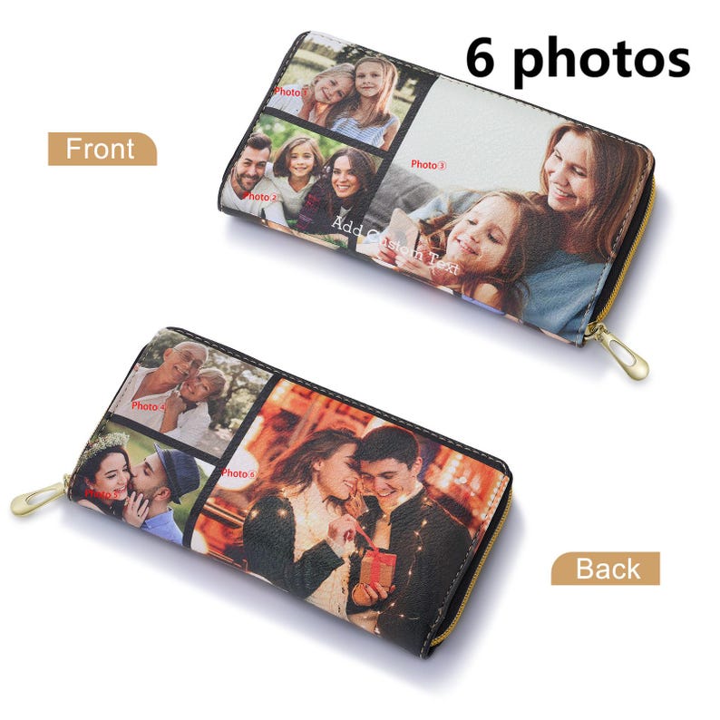 Puede incluir: Una cartera de cuero negro con cierre de cremallera. La cartera tiene seis ranuras para fotos y un espacio para texto personalizado. La cartera est&aacute; decorada con fotos de personas.