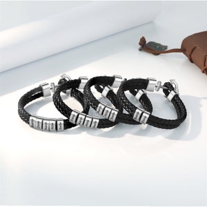 Pulsera de cuero personalizada para hombres, pulsera de ancla negra plateada, pulsera de cuentas con nombre personalizado, regalo para papá