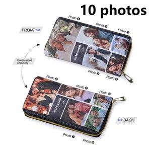 Puede incluir: Una cartera de cuero negro con cierre de cremallera. La cartera tiene 10 ranuras para fotos y presenta el texto "#blessed V.M." en la parte delantera y trasera. La cartera es de doble cara y se puede personalizar con fotos.