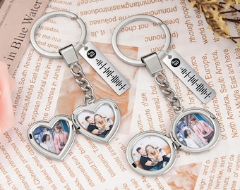 Personalized Heart Locket Keychain with Photo, Custom Engraved Keyring, Memorial Gift